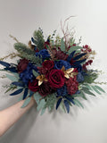 Burgundy & Navy Wedding Bridal Bouquet with Gold Accents Silk and Velvet Flowers silk flower