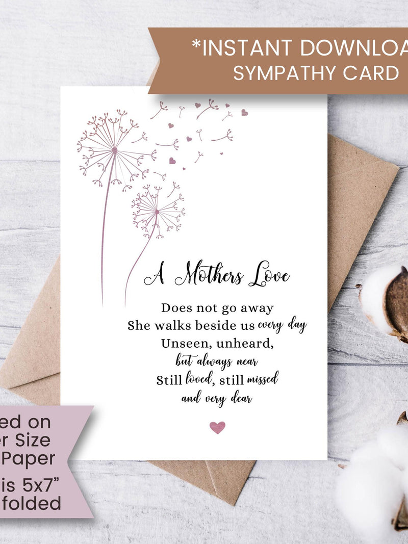 Printable Sympathy Card for Loss of Mother, Sorry For Your Loss Card, Dandelion Thinking of You Card, Condolences, Instant Download, Digital sympathy flower