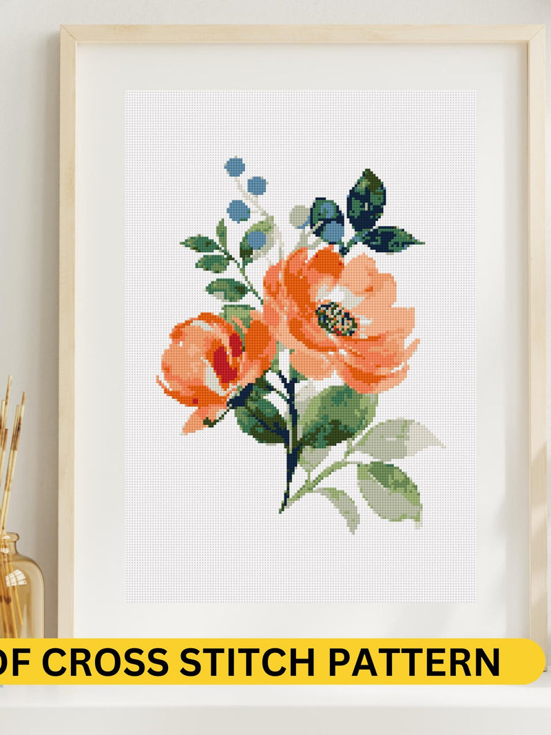 Peach Floral Cross Stitch Pattern | Elegant Flower Embroidery PDF | DIY Home Decor Craft | Instant Download Botanical Design house warming flower