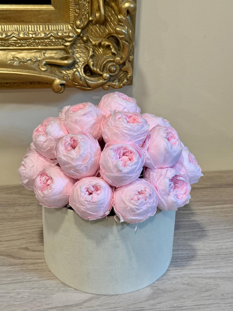 Ivory round box with pink preserved peonies, full layered petals