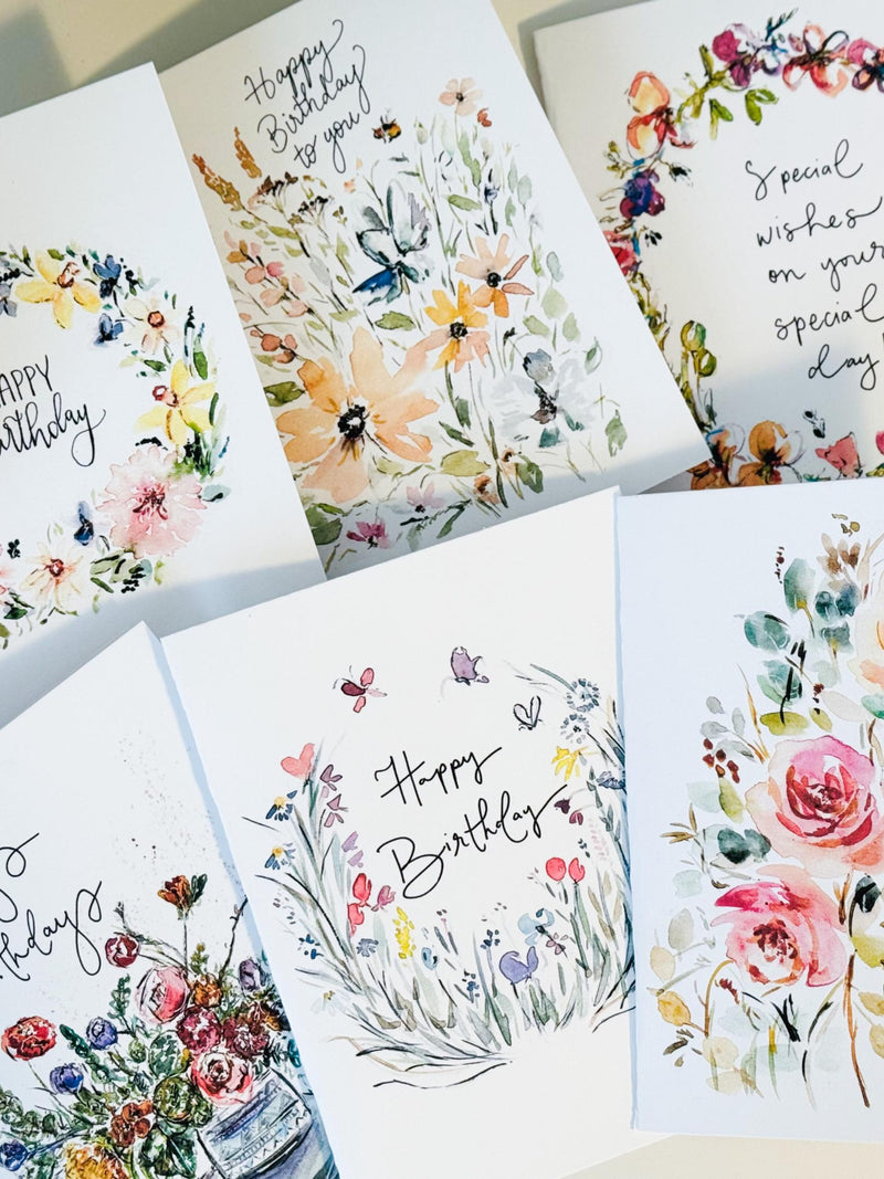 Birthday Watercolor Floral Cards, 6 Birthday Flower Designs and Wreaths Folded Cards, Happy Birthday Bundle Cards for Her, Elegant Birthday birthday flower