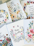 Birthday Watercolor Floral Cards, 6 Birthday Flower Designs and Wreaths Folded Cards, Happy Birthday Bundle Cards for Her, Elegant Birthday birthday flower