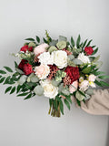 Boho Burgundy and Pink Bridal Bouquet, Bridesmaid Bouquet, Wedding Bouquet,  Design in Rose, Peony, Berries, Baby's Breath and Eucalyptus Bouquet