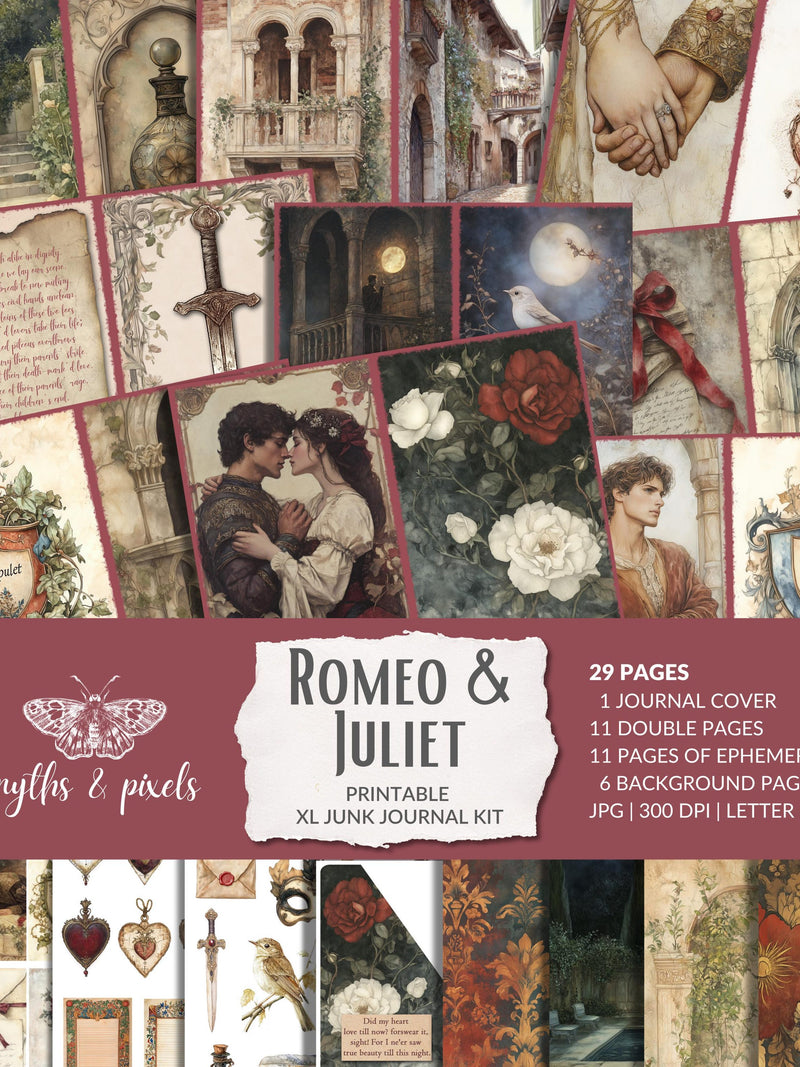 Romeo & Juliet Digital Junk Journal Bundle - 29 printable pages, ephemera, love, romance, Valentine's Day, Shakespeare, instant download Love Romance Flower