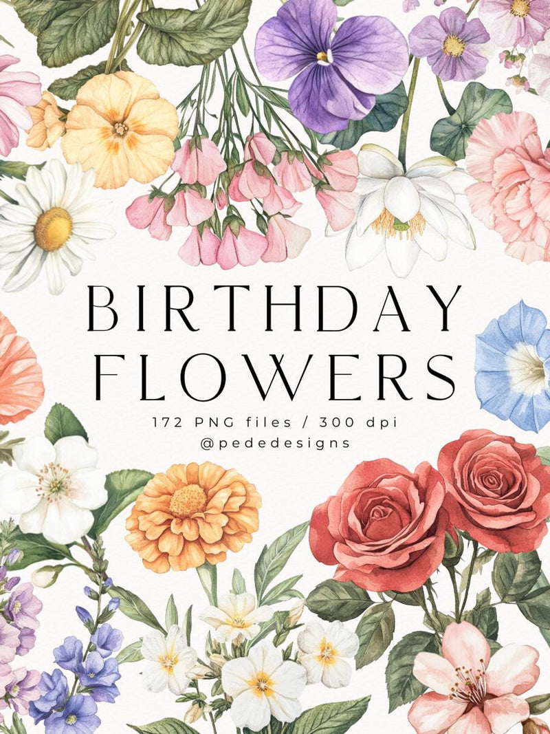 Watercolor Birthday Flowers Clip Art: PNG Images (Digital Download) birthday flower