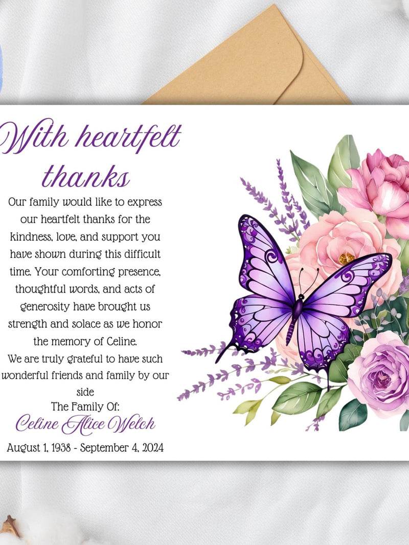 Printable With Heartfelt Thanks Butterfly Funeral Thank You Note Template, Sympathy Acknowledgement Card, Floral, Memorial, Bereavement sympathy flower