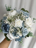 Dusty blue bridal bouquet with faux flowers, blue bouquets, white bridal bouquet, white fake bouquet, white and green bouquet, wedding flower