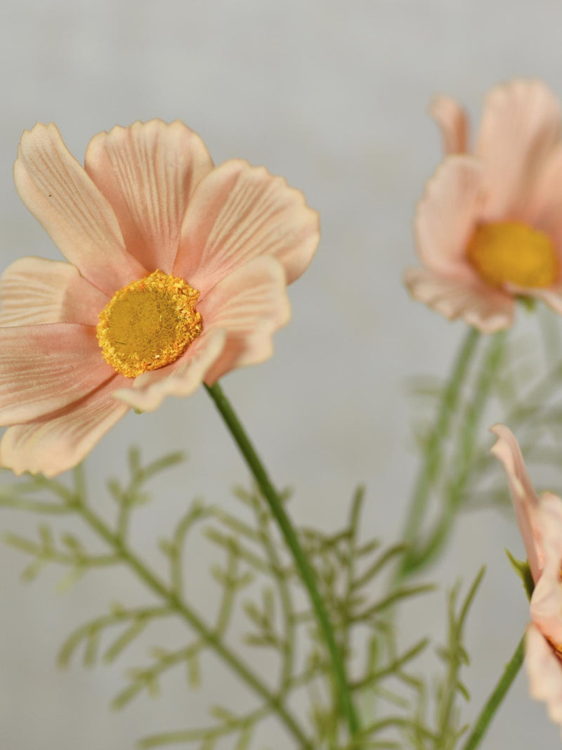 Artificial beige tan cosmos flower stem with golden center and green leaves