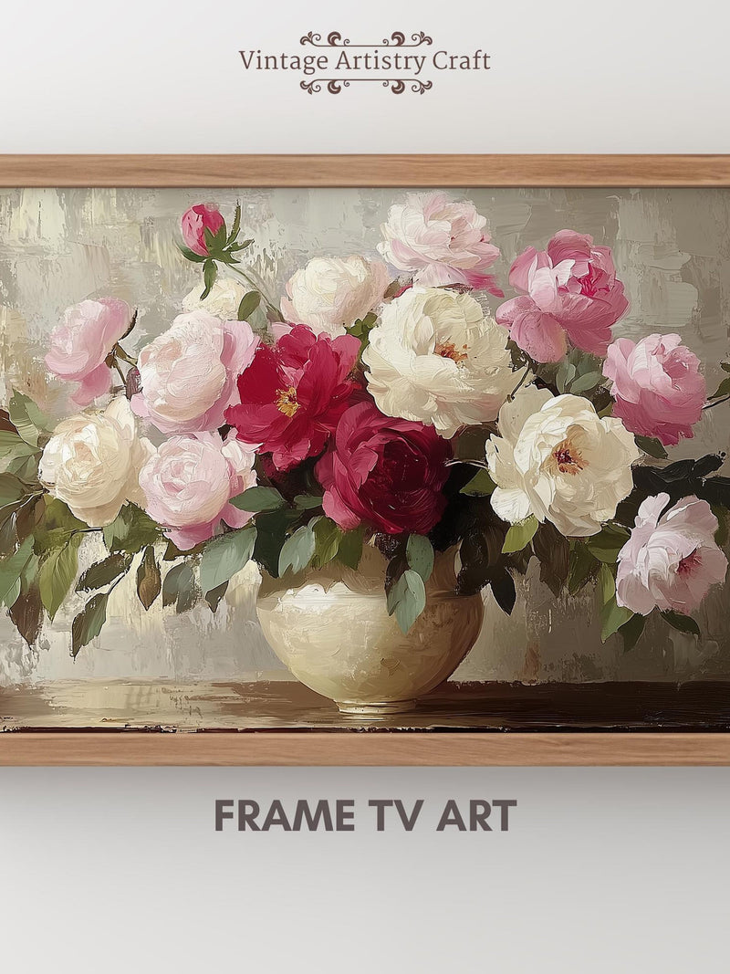 Floral bouquet vase wall art, soft pink and cream oil-paint style print