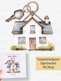 New home design for personalized card, Welcome to the country house keepsake, Add name date, Watercolor keychain PNG clipart for sublimation house warming flower