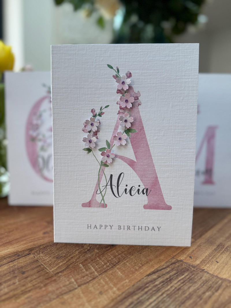 Personalised birthday name card, pretty card, Daughter birthday, Friend birthday, Sister birthday, Initial card, 3D Embelished, Handmade birthday flower
