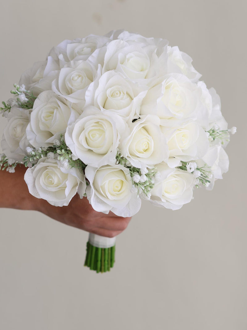 White Real Touch Roses Bridal Bouquet, Roses & Baby's Breath Wedding Bouquets, Spring Summer White Artificial Flowers Bouquets, Boutonnieres wedding flower