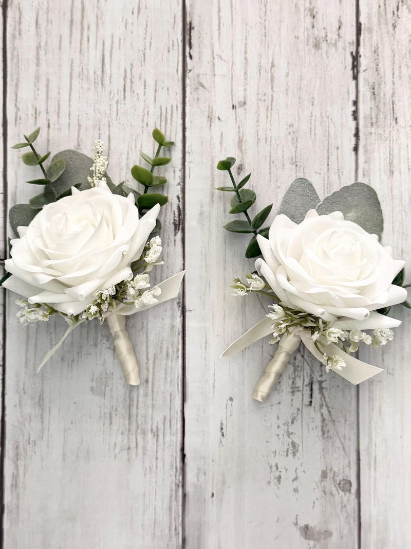 Realistic White Rose Boutonniere, Faux Eucalyptus Wedding Corsage wedding flower