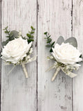 Realistic White Rose Boutonniere, Faux Eucalyptus Wedding Corsage wedding flower