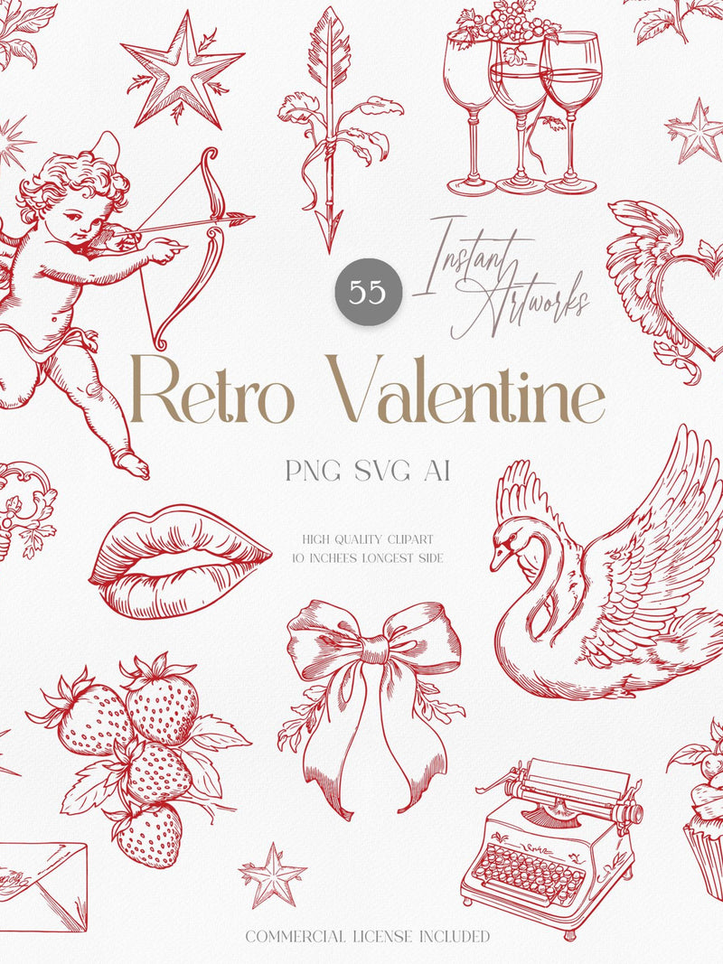 Retro Valentine Clipart Bundle, Love Graphics (PNG, SVG, AI) Love Romance Flower