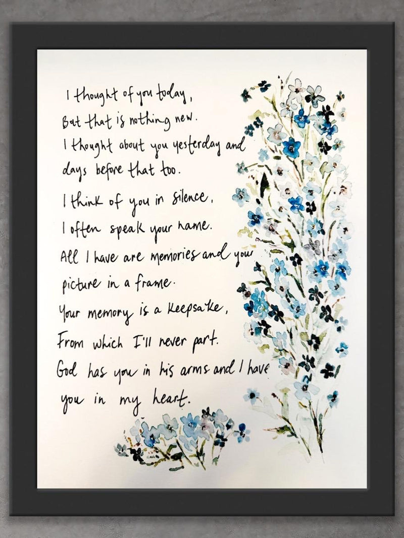 Thought Of You Today, Forget Me Not, Thinking Of You Watercolor Gift, Blue Floral Time Loss Wall Art, Always In My Heart Watercolor Art sympathy flower
