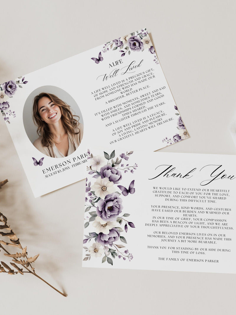 Funeral Thank You Cards with Butterflies, Photo, Card Template, Sympathy Acknowledgement Note, Editable, Purple, Flowers, Double Sided, PB1 sympathy flower