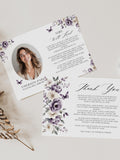 Funeral Thank You Cards with Butterflies, Photo, Card Template, Sympathy Acknowledgement Note, Editable, Purple, Flowers, Double Sided, PB1 sympathy flower
