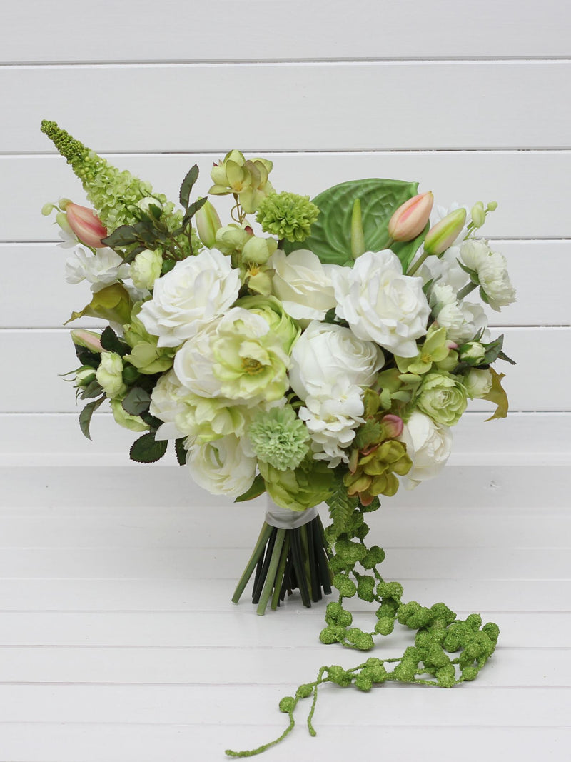 White green pink bridal bouquet flowers Spring summer wedding Faux wedding bouquet Artificial flowers Bouquet with amaranth wedding flower