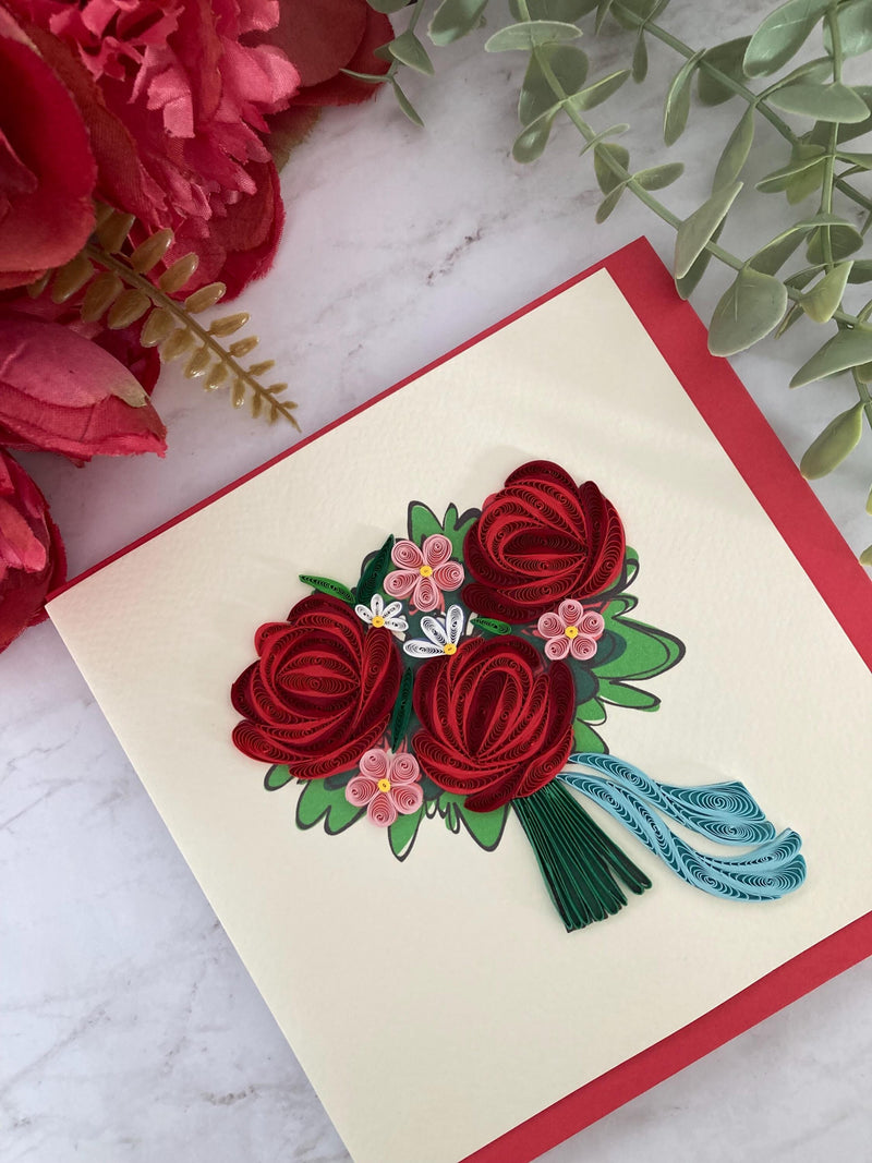 Quilled Red Roses greeting cards | handmade paper art | Birthdays | Anniversary | Blank card | special card for wife | Black Friday deals Love Romance Flower