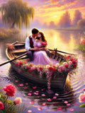 Romantic Couple in Floral Rowboat: Sunset Lake Art Print (Digital Download) Love Romance Flower