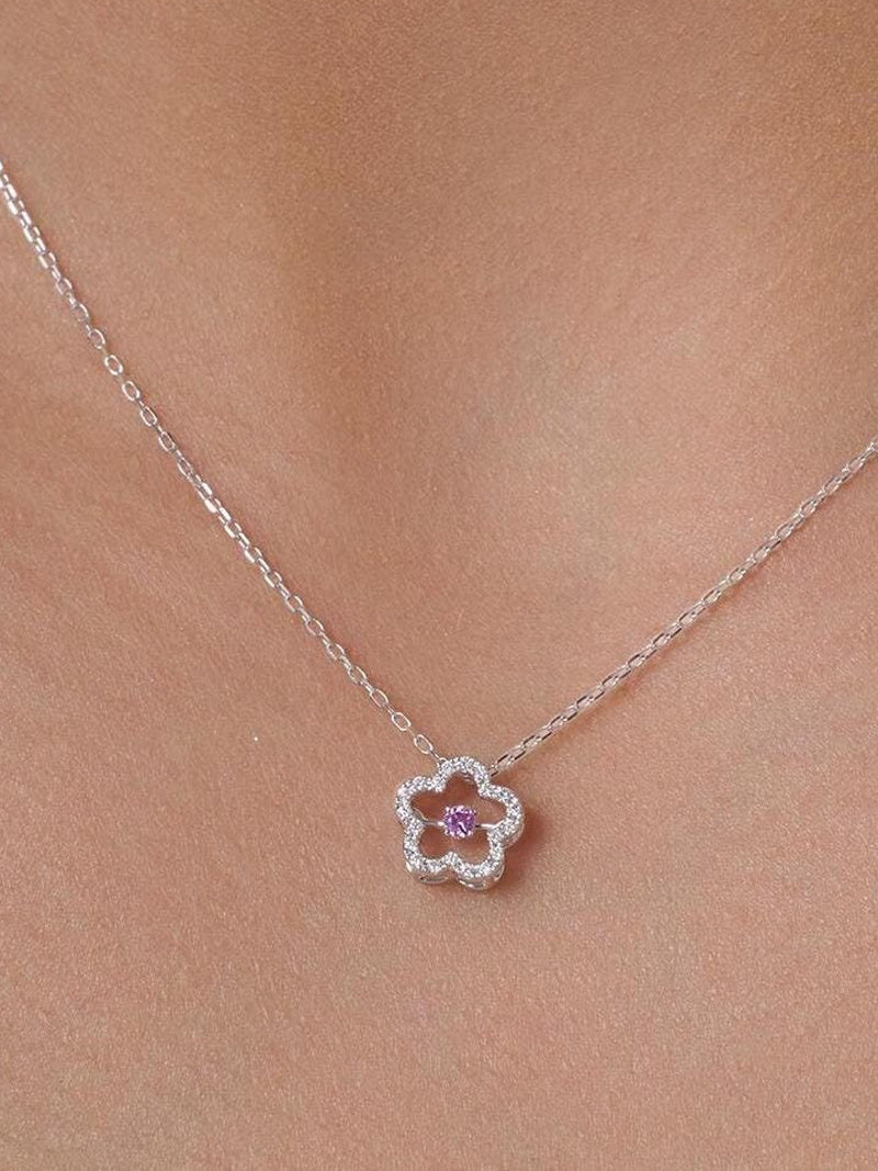 14k Diamond Flower Shape Necklace, Round Natural Diamond Charm Necklace, Diamond Floral Gold Necklace, Pink Diamond Floral Necklace ANNIVERSARY