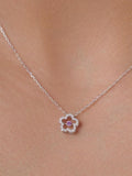 14k Diamond Flower Shape Necklace, Round Natural Diamond Charm Necklace, Diamond Floral Gold Necklace, Pink Diamond Floral Necklace ANNIVERSARY