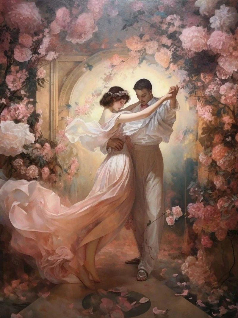 Romantic Dance Print, Floral Love Painting, Elegant Couple Art, Vintage Wedding Decor, Fairy Tale Wall Art, Dreamy Illustration Love Romance Flower
