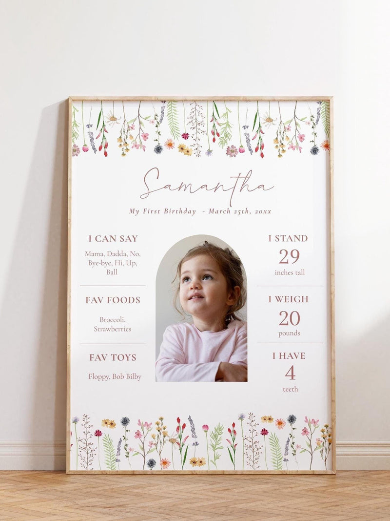 Wildflower First Birthday Milestone Poster | Floral Birthday Stats Board  | Flower Theme Editable Sign | Baby's First Year Board 22 birthday flower