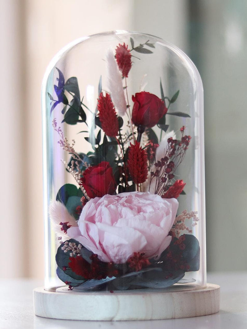 Glass bell GIARDINO DI BELLAGIO with eternal peony and roses arrangement, dried and preserved flowers eco-responsible home decorative gift FLOWER DELIVERY