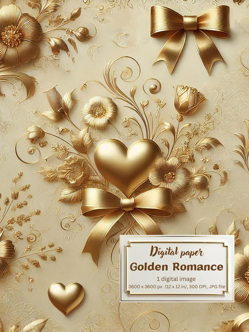 Golden Romance Valentine's Day Digital Paper Ð Luxury Gold Hearts, Elegant Bows, Floral Designs, Crafting, Stationery, Gift Wrapping & Decor Love Romance Flower