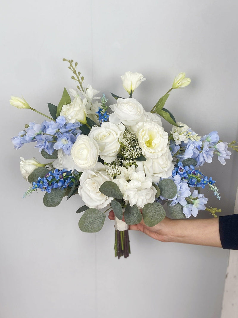 White and Blue Bridal Bouquet, Blue Wedding Bouquet, Boho Flower Bouquet,  Design in Rose, Peony, Ranunculus, Lisianthus and Eucalyptus wedding flower