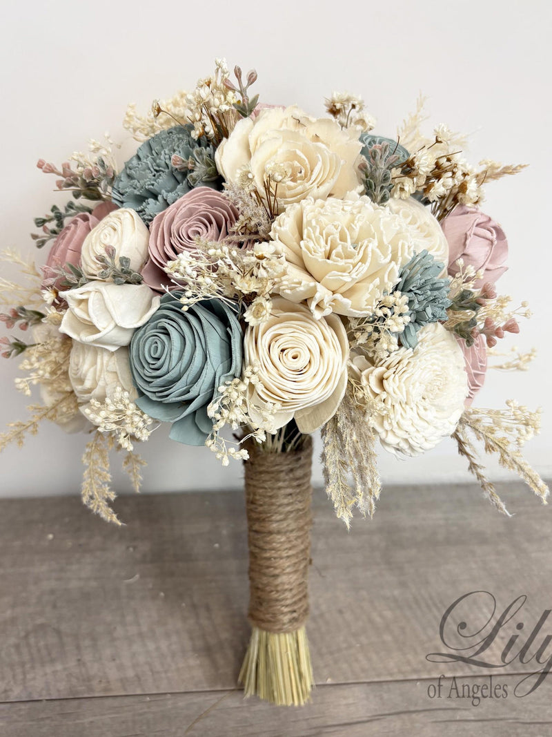 Wedding Bouquet Bridal Bouquet Sola Flower Wedding Flower Wooden Flower Eucalyptus Agave Dusty Pink Corsage Rustic Lily of Angeles wedding flower