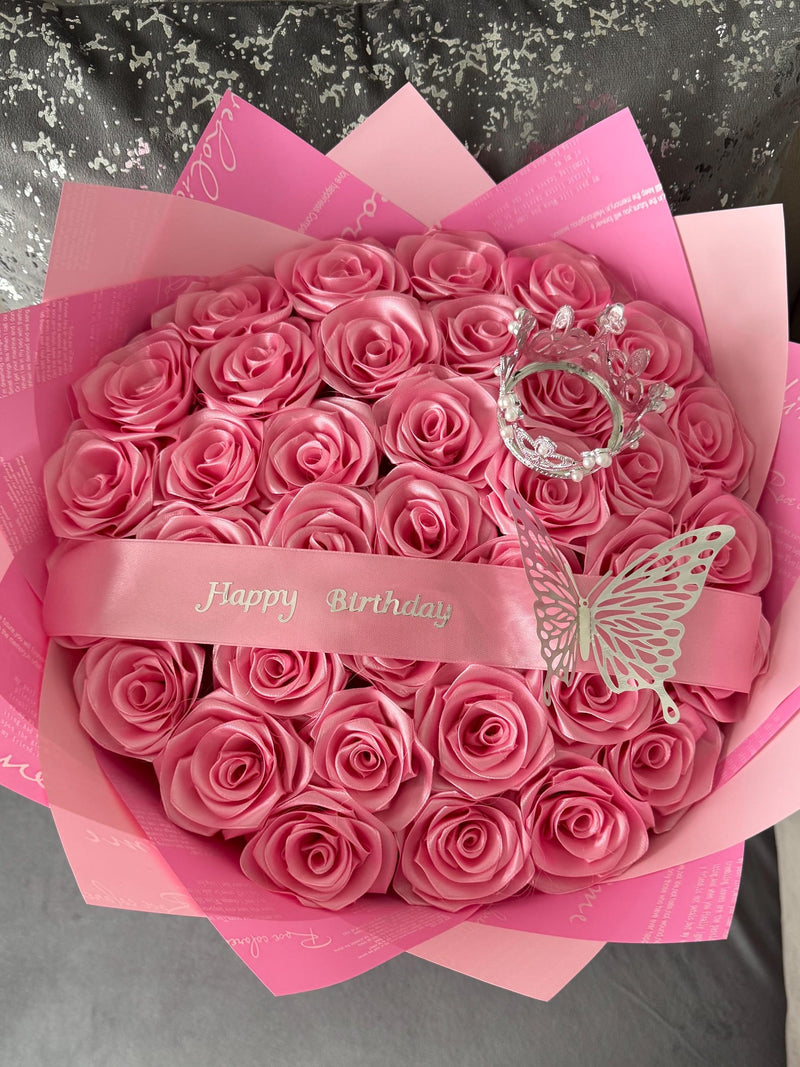 eternal rose bouquet - plain pink with written wrap- Happy birthday ANNIVERSARY