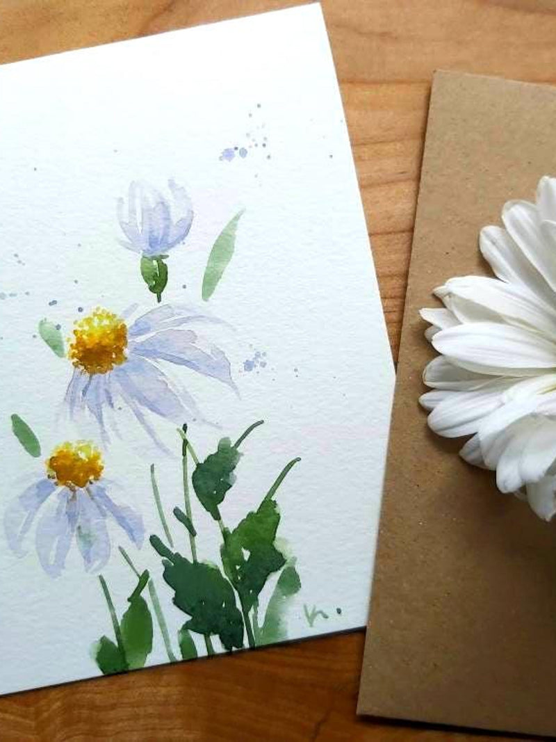 Original hand painted  watercolor Daisy , floral, Blank greeting, Get well soon, Birthday, Thank you, thanksgiving, 4.25"x5.5" sympathy flower