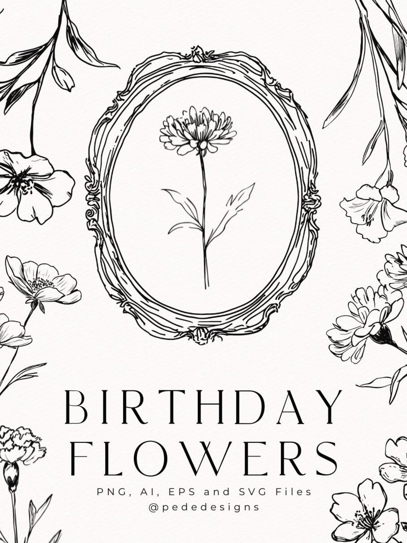 Birthday Flowers, brush line art, birth flowers, vector files, png images, svg files, hand drawn flowers, lily rose, peony, daisy, download birthday flower