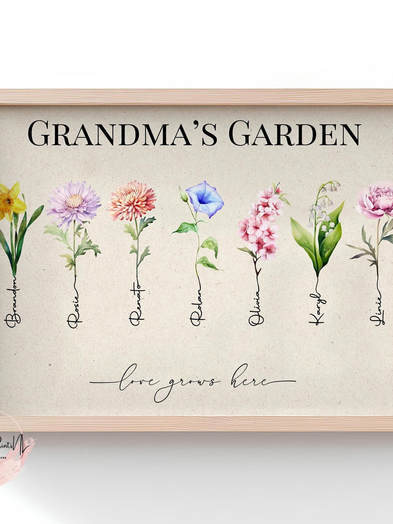 Grandma's Garden Birth Flower Print, Personalized Family Birth Flower Sign, Custom Floral Wall Art for Mothers Day, Birthday and Christmas birthday flower