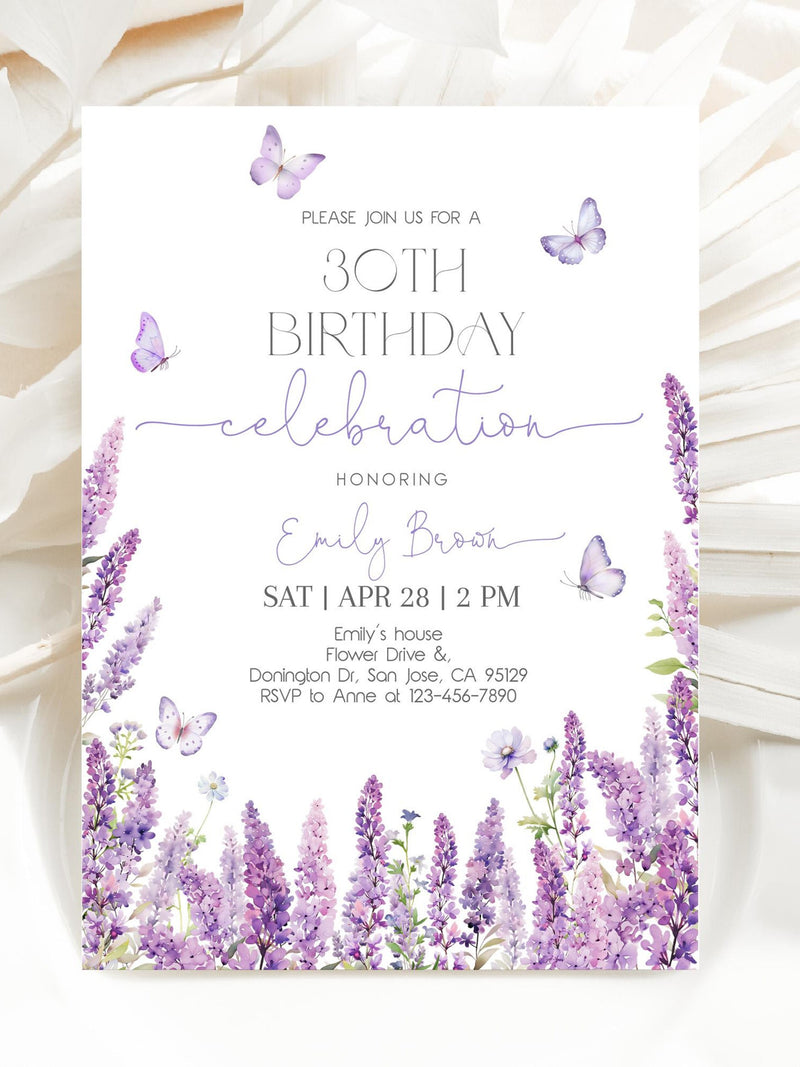 Lavender Birthday Invitation Purple Floral Butterfly Adult Birthday Invite Watercolor Lilac Pastel Butterflies Spring Flowers EDITABLE AT71V birthday flower