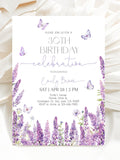 Lavender Birthday Invitation Purple Floral Butterfly Adult Birthday Invite Watercolor Lilac Pastel Butterflies Spring Flowers EDITABLE AT71V birthday flower