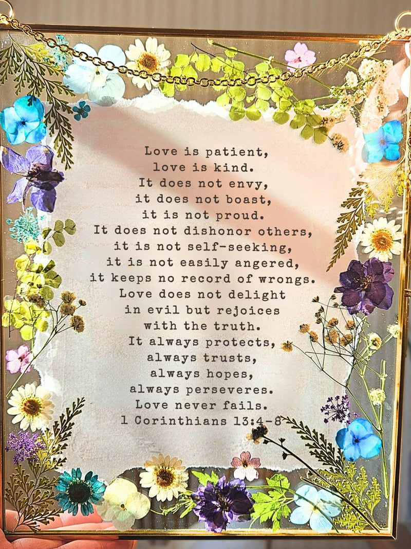 Love Is Patient | 1 Corinthians 13:4-8 | Customizable 8x10 Handmade Pressed Floral Glass | Real Dried Flowers of Your Choice ANNIVERSARY