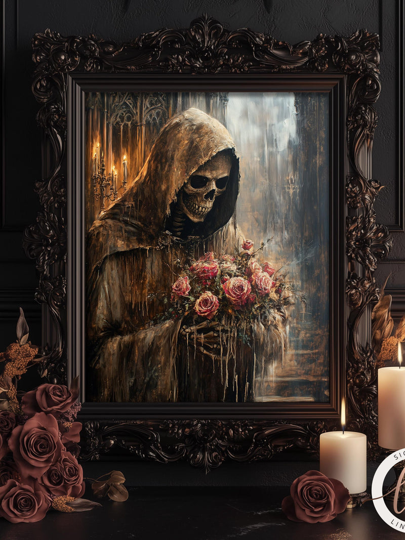 Dark Academia Wall Art Print, Moody Vintage Dark Romance Decor, Skeleton with Roses in Cathedral, Cottagecore, Victorian Gothic 6-GOT048 Love Romance Flower