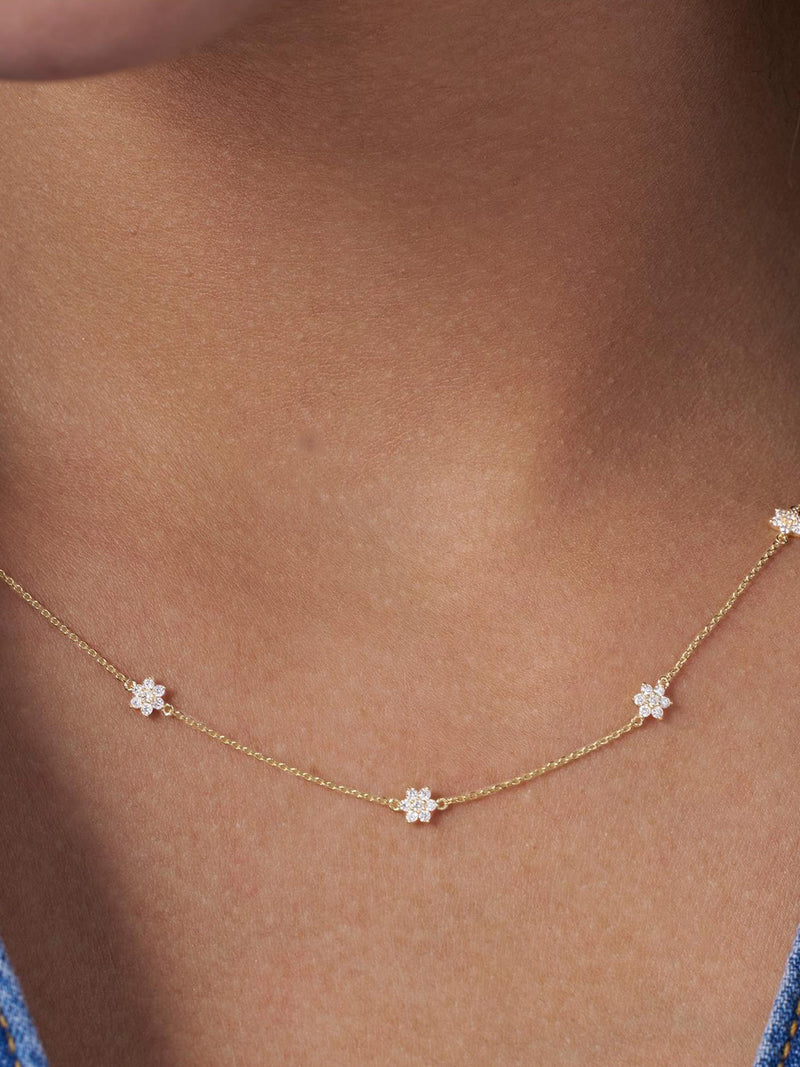 Flower Diamond Necklace, Dainty Solitaire Charm Necklace, Anniversary Gift, 14K Solid Gold Natural Diamond Flower Necklace ANNIVERSARY