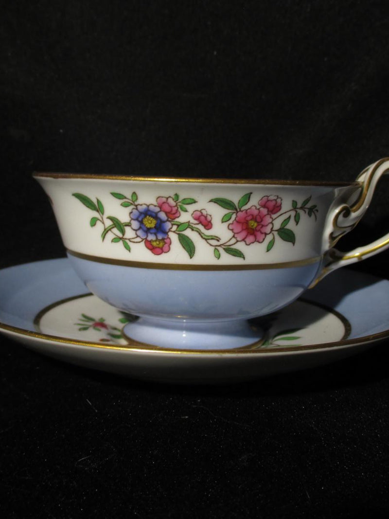 Spode Vintage R5335 Fancy Cup & Saucer Blue with Floral Border and Decal flower spore