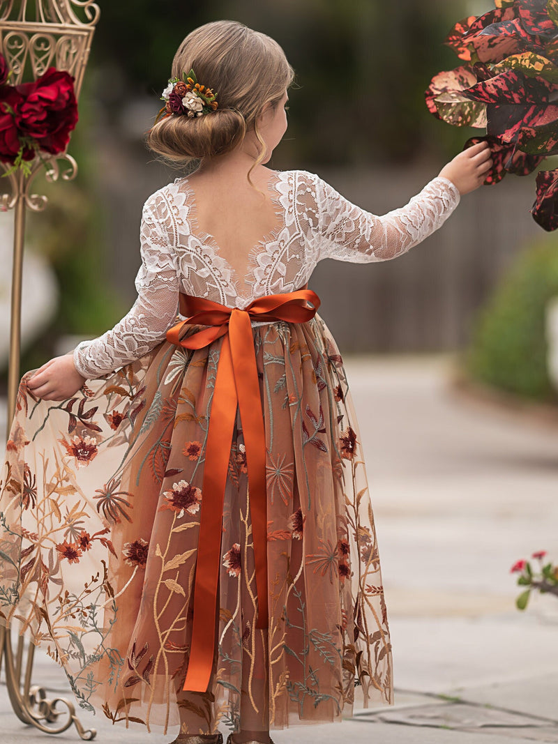 Burnt Orange tulle flower girl dress, Floral Flower Girl Dress, rustic lace flower girl dress, boho flower girl dress, flower girl dress birthday flower