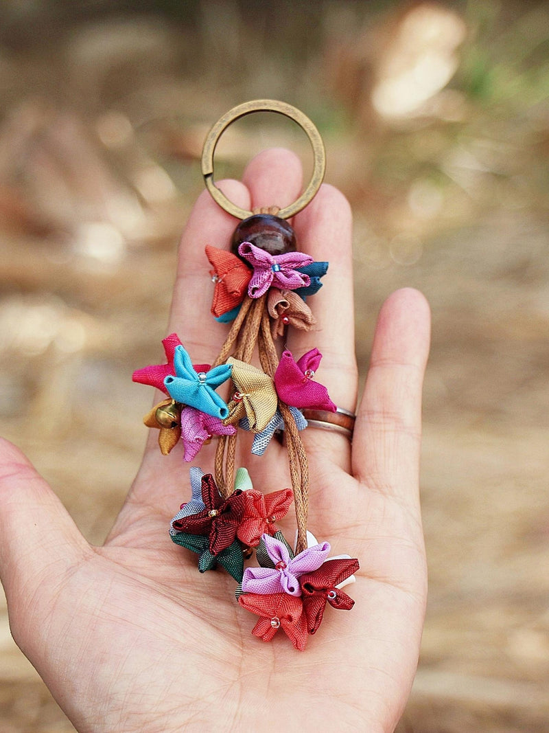 Handmade Silk Flower Key Ring: Cotton Fabric Keychain silk flower