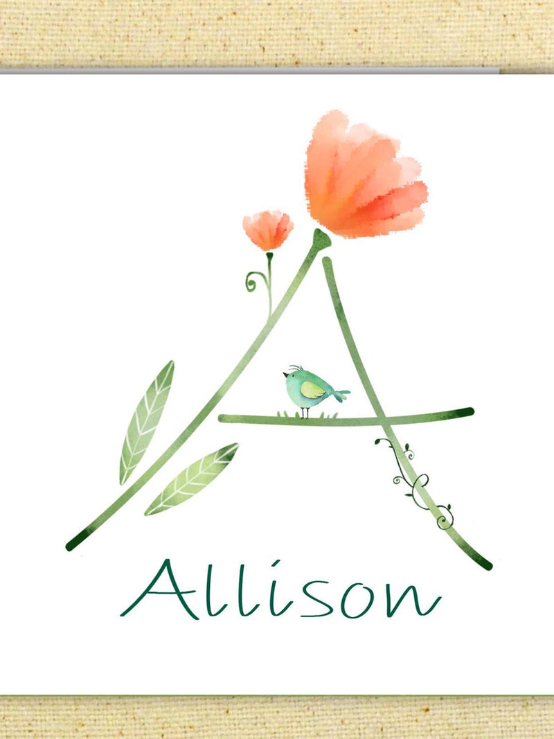 Personalized Initial Birthday Card: Flowers, Vine, Bird birthday flower