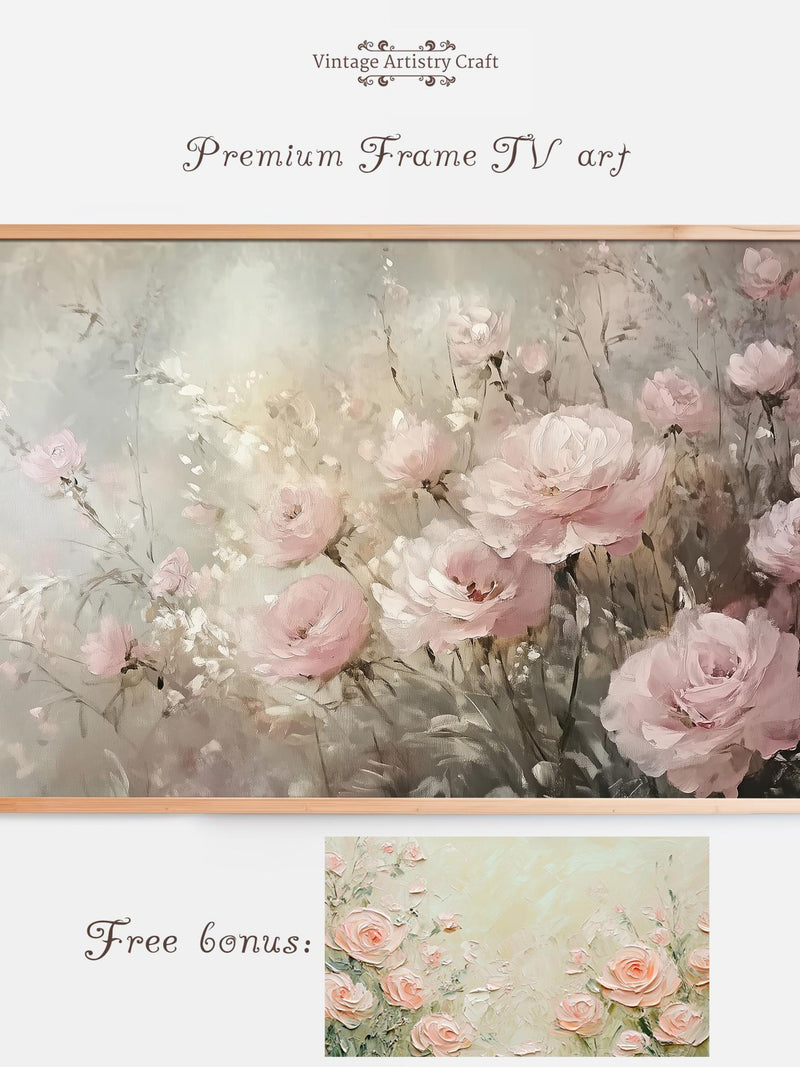 Premium Floral Samsung Frame TV Art, Impressionist Spring Flowers, Pink Warm Tone Romance Decor, Vintage Oil Painting 4K Digital Download Love Romance Flower