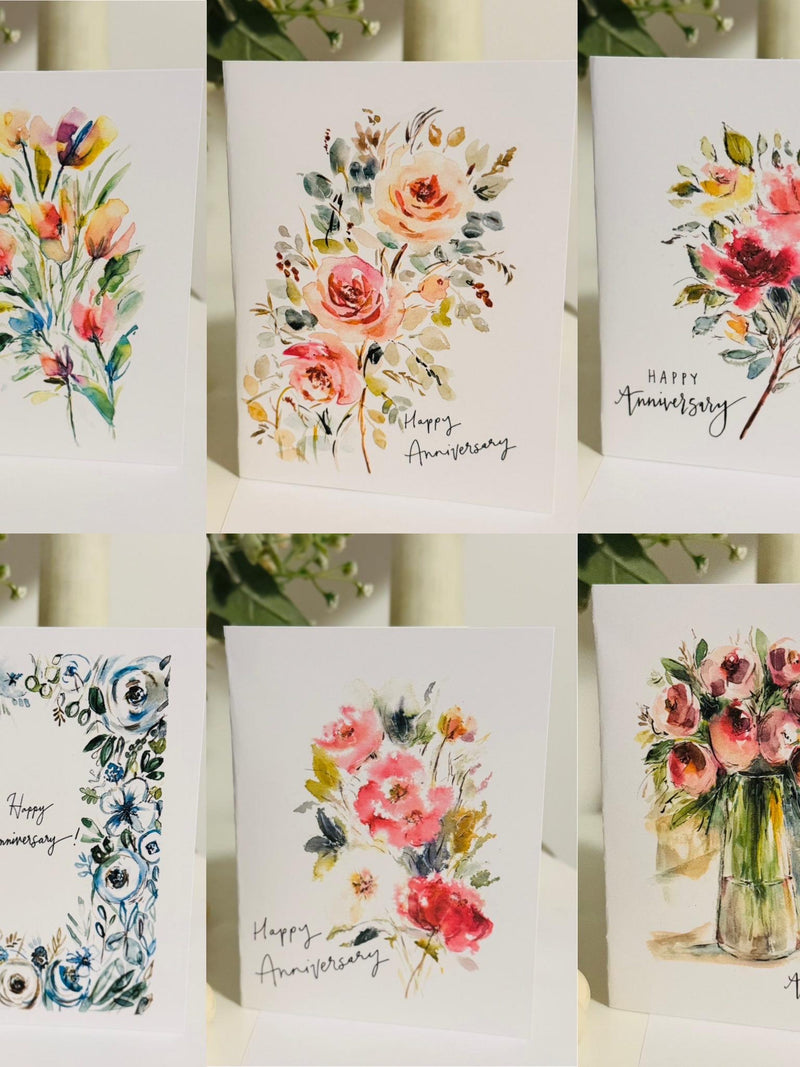 Bundle of 6 Happy Anniversary Cards, Wedding Anniversary Watercolor Cards, Mix of Watercolour Anniversary Cards, Floral Anniversary Folded ANNIVERSARY