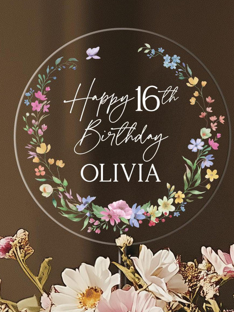 Wildflower Birthday Cake Topper, Acrylic Cake Toppers for Birthday, Sweet 16 Birthday Cake Topper for Girl, Happy Birthday Acrylic Decor birthday flower