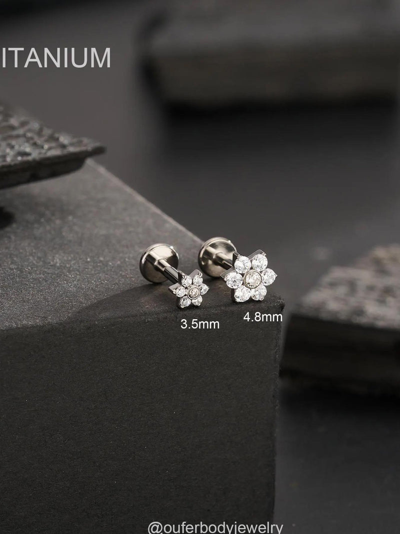 16G 6mm Titanium Flower Threadless Stud, Tiny Floral CZ Cartilage Earring, Push Pin Labret, Nose Piercing,Tragus,Conch,Helix, Flat Back stud ANNIVERSARY